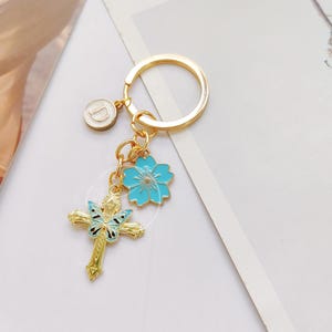 Blue Butterfly keychain, Personalized Letter Backpack Keychain, Cherry Blossoms Keyring, Cute Bag Charm, Friendship Bag Charm