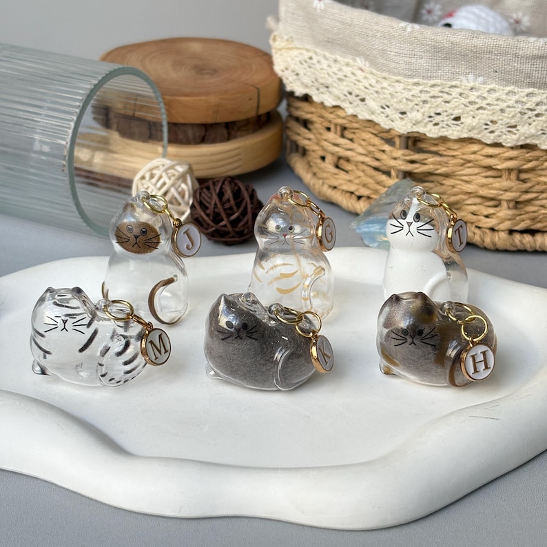 May include: A collection of six cat-shaped keychains in various colors and designs. The keychains are made of clear, translucent, and opaque materials, with details like stripes and gold accents. Each keychain has a gold-colored ring and a letter charm.