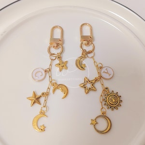 Llaveros de amistad celestial, llavero de luna, llavero de estrellas, llavero divertido, llavero kawaii hecho a mano, llavero con iniciales