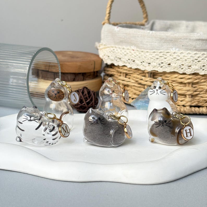 May include: A collection of clear cat-shaped keychains with gold-colored key rings. The keychains feature different cat designs, including striped, solid, and patterned cats. Each keychain has a letter charm attached.