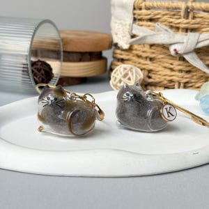 May include: Two cat-shaped keychains. One is brown and tan, the other is gray. Both are encased in clear resin with gold-colored hardware. Each keychain has a small charm with the letter "K". The keychains are on a white plate.