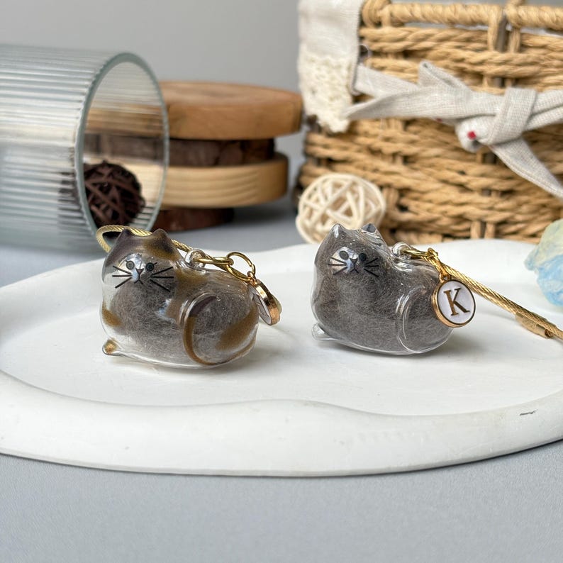 May include: Two cat-shaped keychains. One is brown and tan, the other is gray. Both are encased in clear resin with gold-colored hardware. Each keychain has a small charm with the letter "K". The keychains are on a white plate.