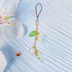 Lily of the Valley Keychain, Cute Glass Flower Key Chain Ring Holder, Kawaii Floral Bag Charm, Leaf Gold Accessory, Dangle Blossom Vines