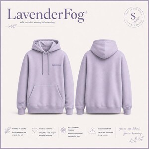 May include: A light purple hoodie with the text "becoming" on the chest and "PASTELS" on the sleeve. The hoodie is shown from the front and back, with a kangaroo pocket and drawstring hood. The brand name "LavenderFog" is at the top.