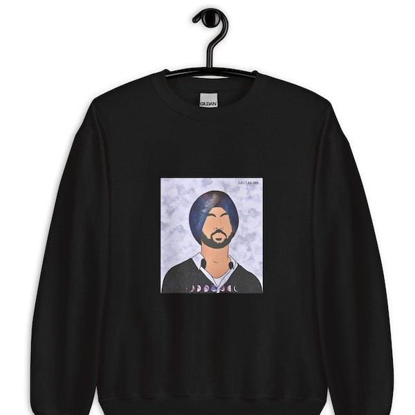 Diljit Dosanjh Unisex Crewneck Sweatshirt, Graphic Design of Diljit, Luna Inspired-Black, White, Blue, Punjabi Art Gift for Him or Her