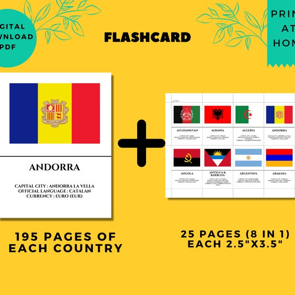 195 Country  Educational Poster Flash Cards with Flag | Capital City, Language & Currency | Download Printable PDF | 2.5” x 3.5”| 8.5"x11”