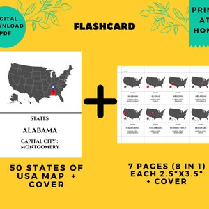 50 Staten van de VS Educatieve Poster Flash-kaarten met kaart | Staten Hoofdstad Amerika | Download afdrukbare PDF | 2,5” x 3,5”| 8,5 "x 11"