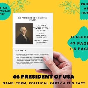 46 presidenten van de VS Educatieve poster Flash-kaarten | Leuk weetje over 46 Amerikaanse president | Download afdrukbare PDF-video | 2,5” x 3,5”| 8,5 "x 11"