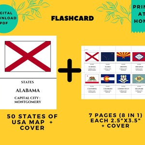 50 States of USA  Educational Poster Flash Cards with Flag | States Capital City America | Download Printable PDF | 2.5” x 3.5”| 8.5"x11”