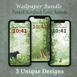 Puede incluir: Tres fondos de pantalla para teléfono que muestran una escena de bosque verde con un oso, un zorro y un conejo. Cada fondo de pantalla incluye el texto "Tuesday, November 5" y la hora "10:41".