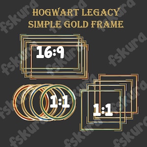 May include: A digital illustration of a gold frame with the text "HOGWART LEGACY SIMPLE GOLD FRAME" at the top. The frame is in the shape of a rectangle and has a 16:9 aspect ratio. There are two other frames, one with a 1:1 aspect ratio and the other with a 1:1 aspect ratio.