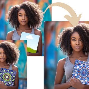 Op de afbeelding: Een vrouw met krullend haar houdt een notitieboek vast met een blauw, groen en wit geometrisch patroon. Het notitieboek is dicht en de vrouw kijkt naar de camera.