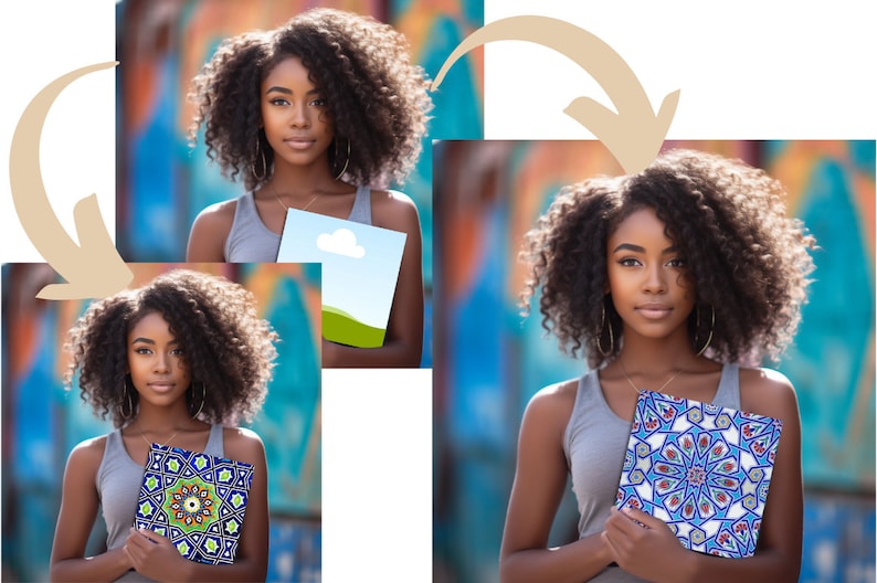 Op de afbeelding: Een vrouw met krullend haar houdt een notitieboek vast met een blauw, groen en wit geometrisch patroon. Het notitieboek is dicht en de vrouw kijkt naar de camera.