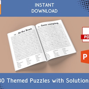 May include: A black and white image of two open word search puzzle pages. The first page is titled "At the Beach" and the second page is titled "Gone Camping". The image includes the text "80 Themed Puzzles with Solutions".