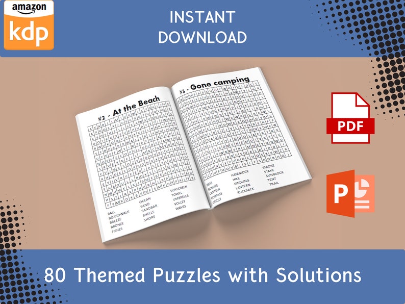 May include: A black and white image of two open word search puzzle pages. The first page is titled "At the Beach" and the second page is titled "Gone Camping". The image includes the text "80 Themed Puzzles with Solutions".