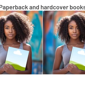 Op de afbeelding: Een vrouw houdt twee boeken vast, een paperback en een hardcover. Beide boeken hebben een blauwe lucht met een witte wolk en groene heuvels op de omslag.