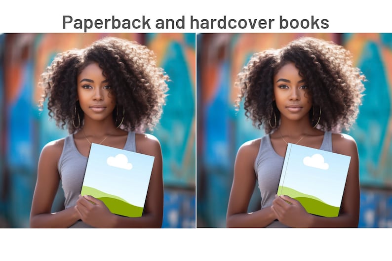 Op de afbeelding: Een vrouw houdt twee boeken vast, een paperback en een hardcover. Beide boeken hebben een blauwe lucht met een witte wolk en groene heuvels op de omslag.