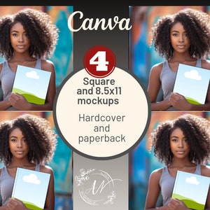 Op de afbeelding: Vier mockups van een vrouw die een boek vasthoudt voor een kleurrijke graffitimuur. De boekomslagen zijn leeg en kunnen worden gebruikt om verschillende ontwerpen te presenteren. De mockups zijn voor vierkante en 8,5x11 inch boeken en omvatten zowel hardcover- als paperbackopties.