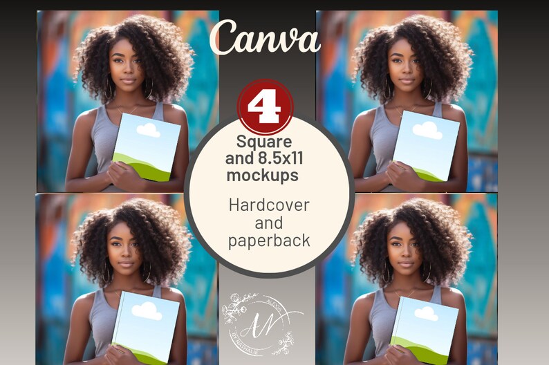 Op de afbeelding: Vier mockups van een vrouw die een boek vasthoudt voor een kleurrijke graffitimuur. De boekomslagen zijn leeg en kunnen worden gebruikt om verschillende ontwerpen te presenteren. De mockups zijn voor vierkante en 8,5x11 inch boeken en omvatten zowel hardcover- als paperbackopties.