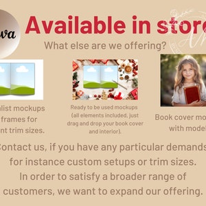 Pode incluir: Um gr&aacute;fico Canva com o texto "Dispon&iacute;vel na loja" e "O que mais oferecemos?" O gr&aacute;fico mostra tr&ecirc;s maquetes de capas de livros diferentes. A primeira maquete &eacute; um design minimalista com molduras para diferentes tamanhos de corte. A segunda maquete &eacute; uma maquete pronta para usar com todos os elementos inclu&iacute;dos. A terceira maquete apresenta uma capa de livro com um modelo.