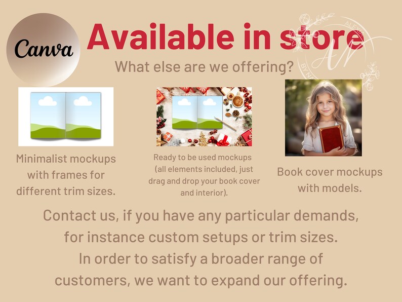 Pode incluir: Um gr&aacute;fico Canva com o texto "Dispon&iacute;vel na loja" e "O que mais oferecemos?" O gr&aacute;fico mostra tr&ecirc;s maquetes de capas de livros diferentes. A primeira maquete &eacute; um design minimalista com molduras para diferentes tamanhos de corte. A segunda maquete &eacute; uma maquete pronta para usar com todos os elementos inclu&iacute;dos. A terceira maquete apresenta uma capa de livro com um modelo.