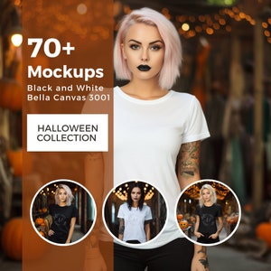Halloween Bella Canvas 3001 Mockup Bundle, T-shirt on Female Models, tshirt mock-ups for Women, White and Black Tee Collection, Grunge Bold