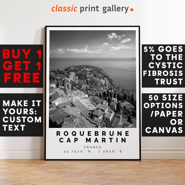 Roquebrune-Cap-Martin Print Wall Art Black and White Poster,Personalized Birthday Travel Gift Present Photography Artwork France 13132a