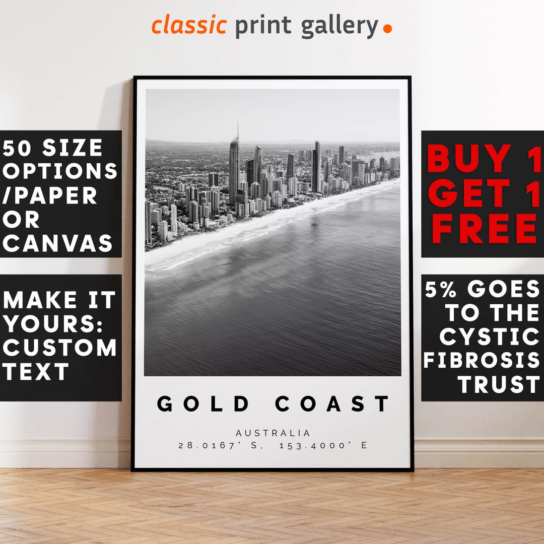 Gold Coast Poster Black and White Print, Gold Coast Wall Art, Gold