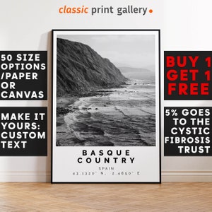 Basque Country Poster, Basque Country Print, Basque Country Black and White Art, Wedding gift, Coordinates Poster, Travel Gift, 3077