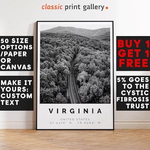 Virginia Poster Black and White Print, Virginia Wall Art, Virginia Travel Photo, Virginia Map, State Poster, State Print, 3894