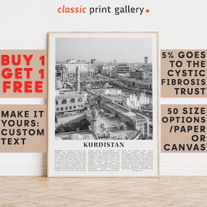 Kurdistan Print, Kurdistan Wall Art, Kurdistan Black and White Poster, Personalized Birthday Travel Gift Present Middle East 11870a