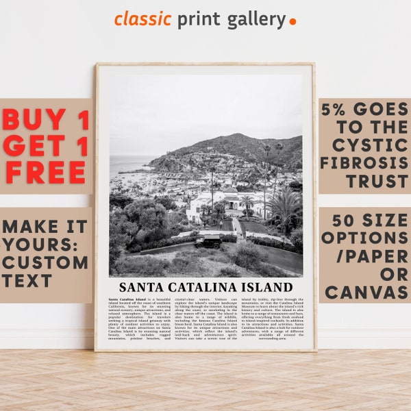 Santa Catalina Island Print, Santa Catalina Wall Art, Black and White Poster, Personalized Birthday Travel Gift Present California 12209a