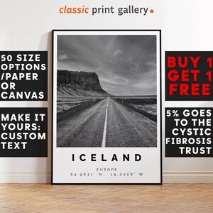 Iceland Poster Black and White Print, Iceland Wall Art, Iceland Travel Photo, Iceland Map, Scandinavia Poster, Scandinavia Print, 3601