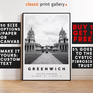 Greenwich Poster Black and White Print London, Greenwich Wall Art, Greenwich Travel Photo, Greenwich Map, UK Print, 3499