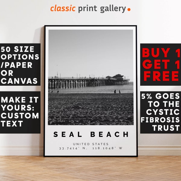 Seal Beach Poster Black and White Print, Seal Beach Wall Art, Seal Beach Travel Poster, Seal Beach Photo Print, California,USA,4763