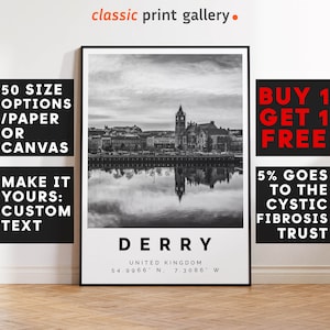 Derry Poster Black and White Print, Derry Wall Art, Derry Travel Poster Photo, Derry Map, Northern Ireland, Ireland Poster, Troubles, 3367