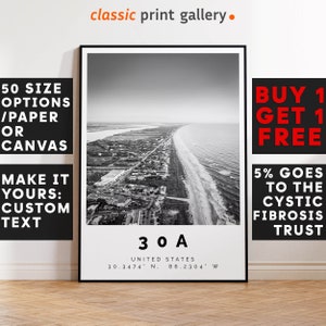 30A Poster Black and White Print, 30A Wall Art, 30A Travel Poster, 30A Photo Print, Florida, 30A Map, USA, Beach, Sea, 2938