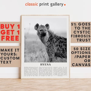 Hyena Print, Hyena Wall Art Poster, Black White Classroom Teacher Gift Present Kids Room Nursery Photography Artwork Biology Art 14685a