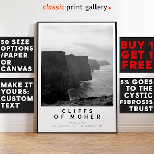 Cliffs of Moher Poster Black and White Print, Cliffs of Moher Wall Art, Cliffs of Moher Travel Poster Photo,Cliffs of Moher Map,Ireland,3292