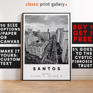 Santos Poster Black and White Print, Santos Wall Art, Santos Travel Photo, Santos Map, Brazil Poster, Brazil Print, 4220