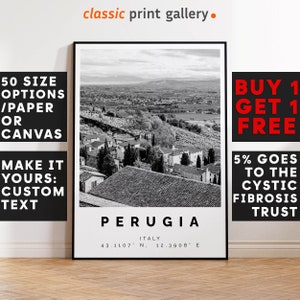 Perugia Poster Black and White Print, Perugia Wall Art, Perugia Travel Photo, Perugia Map, Italy Poster, Italy Print, 4402