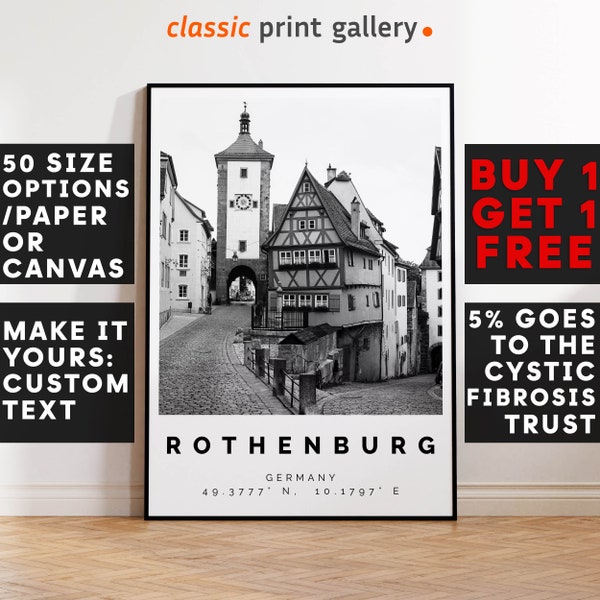 Rothenburg Poster Black and White Print, Rothenburg Wall Art, Rothenburg Travel Photo, Rothenburg Map, Germany Poster, Germany Print, 4263