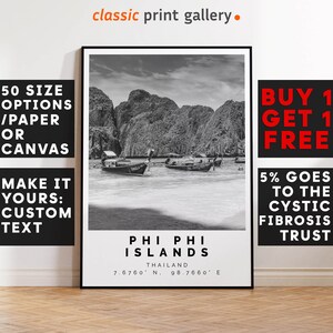 Phi Phi Islands Poster Black and White Print, Phi Phi Islands Wall Art, Phi Phi Islands Travel Photo,Phi Phi Islands Map,Thailand Print,4397