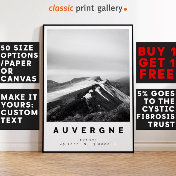 Auvergne Poster Black and White Print, Auvergne Wall Art, Auvergne Travel Poster, Auvergne Photo Print,France,5912