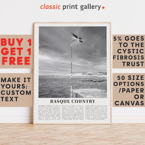 Basque Country Print, Basque Country Wall Art Country Black and White Poster, Personalized Birthday Travel Gift Present Spain 11482a2