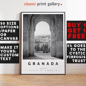 Granada Spain Poster Black and White Print,Granada Wall Art,Granada Travel Poster Photo,Granada Map, Spain Poster, Andalucia Print, 3484