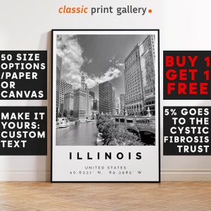 Illinois Poster Black and White Print, Illinois Wall Art, Illinois Travel Photo, Illinois Map, USA Poster,  USA Print, 3606