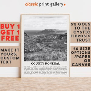 County Donegal Print, County Donegal Wall Art,  Donegal Black and White Poster, Personalized Birthday Travel Gift Present Ireland 11627a