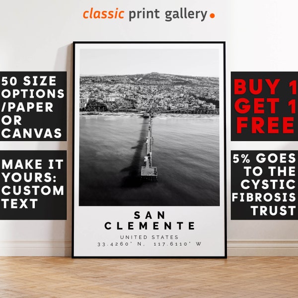 San Clemente Poster Black and White Print, San Clemente Wall Art, San Clemente Travel Photo, San Clemente Map, California Poster Print, 4241