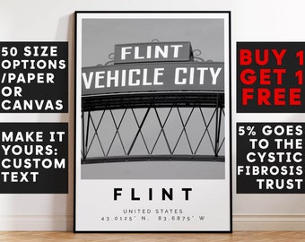 Flint Poster Black and White Print, Flint Wall Art, Flint Travel Poster, Flint Photo Print, Michigan, USA,5204